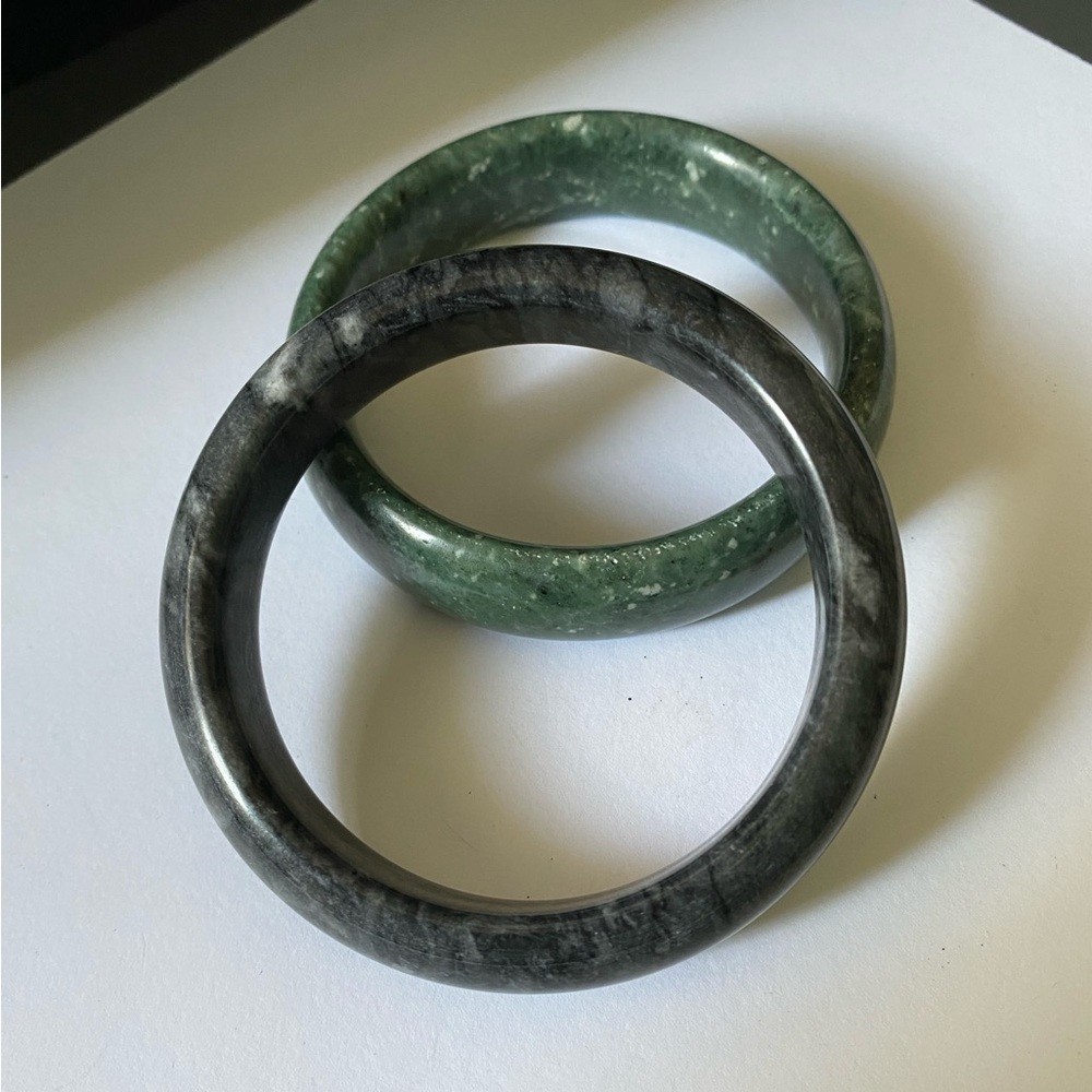 Vintage Natural Stone Green and Gray Polished Bangles Bracelets